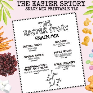 De Easter Story Snack Mix afdrukbare tag, paastraktatie uitdeel voor kinderen, school- en kerktraktatietags voor Pasen, paasfavorietentags, christelijk
