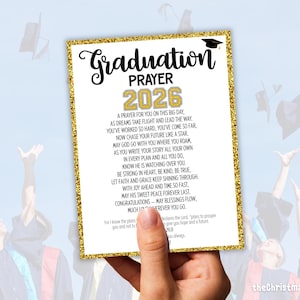 May include: A graduation prayer card with a gold glitter border. The card features the words "Graduation Prayer 2026" in black and gold, along with a heartfelt message. The background shows people celebrating.