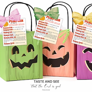 May include: Three pumpkin-shaped gift bags with handles and bows. Each bag has a different color: green, orange, and purple. The bags have a jack-o-lantern face cut out on the front. Each bag has a card attached with the text "Pumpkin Patch Romans Road" and a list of Bible verses.