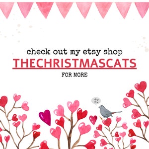 K&ouml;nnte beinhalten: Aquarellillustration mit rosa herzf&ouml;rmigen Bl&auml;ttern auf braunen &Auml;sten, einem grauen Vogel und rosa Wimpelketten. Der Text lautet "check out my etsy shop THECHRISTMASCATS FOR MORE."