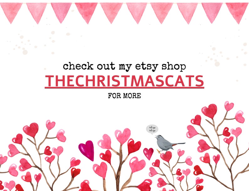 K&ouml;nnte beinhalten: Aquarellillustration mit rosa herzf&ouml;rmigen Bl&auml;ttern auf braunen &Auml;sten, einem grauen Vogel und rosa Wimpelketten. Der Text lautet "check out my etsy shop THECHRISTMASCATS FOR MORE."