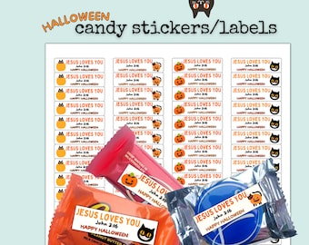 キリスト教のハロウィーン、キャンディ用の印刷可能なステッカーラベル、キリスト教のトラクト、イエスはあなたを愛しています、ヨハネ 3:16 キャンディステッカートランクまたはトリートステッカー