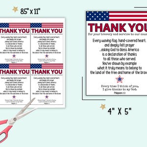 Pode incluir: Quatro cart&otilde;es de agradecimento imprim&iacute;veis com um design de bandeira americana vermelha, branca e azul. Os cart&otilde;es apresentam uma mensagem patri&oacute;tica agradecendo aqueles que serviram nas for&ccedil;as armadas. O texto diz: "Obrigado pela sua bravura e servi&ccedil;o ao nosso pa&iacute;s. Cada bandeira que tremula, cada cora&ccedil;&atilde;o coberto por m&atilde;os e cada ora&ccedil;&atilde;o sentida...pedir a Deus que aben&ccedil;oe a Am&eacute;rica &eacute; uma declara&ccedil;&atilde;o de agradecimento a todos aqueles que serviram. Voc&ecirc;s mostraram com o exemplo o que realmente significa pertencer &agrave; terra dos livres e ao lar dos bravos. Cada vez que penso em voc&ecirc;s, dou gra&ccedil;as ao meu Deus. Filipenses 1:3".