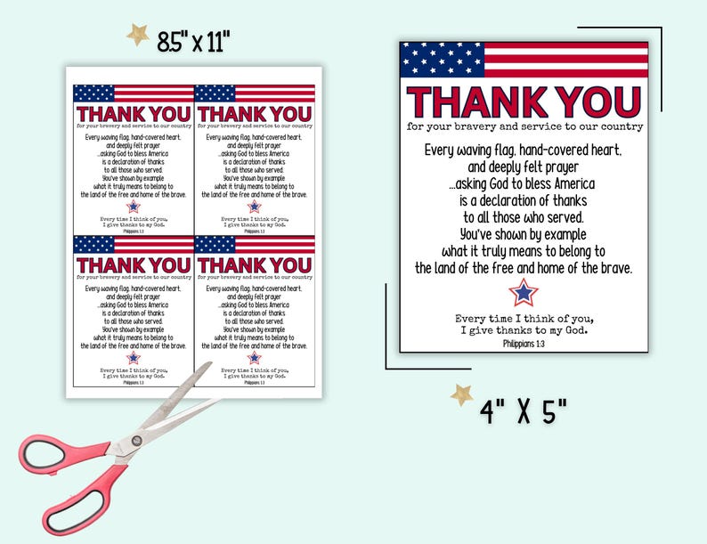 Pode incluir: Quatro cart&otilde;es de agradecimento imprim&iacute;veis com um design de bandeira americana vermelha, branca e azul. Os cart&otilde;es apresentam uma mensagem patri&oacute;tica agradecendo aqueles que serviram nas for&ccedil;as armadas. O texto diz: "Obrigado pela sua bravura e servi&ccedil;o ao nosso pa&iacute;s. Cada bandeira que tremula, cada cora&ccedil;&atilde;o coberto por m&atilde;os e cada ora&ccedil;&atilde;o sentida...pedir a Deus que aben&ccedil;oe a Am&eacute;rica &eacute; uma declara&ccedil;&atilde;o de agradecimento a todos aqueles que serviram. Voc&ecirc;s mostraram com o exemplo o que realmente significa pertencer &agrave; terra dos livres e ao lar dos bravos. Cada vez que penso em voc&ecirc;s, dou gra&ccedil;as ao meu Deus. Filipenses 1:3".