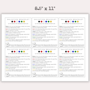 K&ouml;nnte beinhalten: Vier druckbare Karten mit dem Titel "Salvationsarmband" und einem farbcodierten Schl&uuml;ssel, der die Bedeutung jeder Farbe des Armbands erkl&auml;rt. Die Farben sind Schwarz, Rot, Wei&szlig;, Blau, Gr&uuml;n und Gold. Der Text enth&auml;lt Bibelstellen: R&ouml;mer 3:23, R&ouml;mer 5:8, R&ouml;mer 6:4, 1 Johannes 1:7, 2 Petrus 3:18, Johannes 3:16.