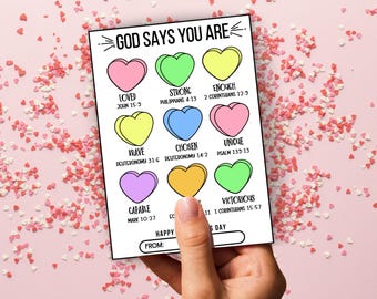 Valentine's Day Bible Verse Scripture Cards for Kids, God says You are, Christian Valentines Sunday School Church Valentines, Bible Study