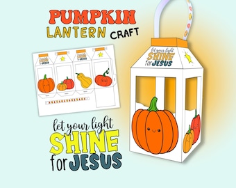 Pumpkin Paper Lantern Lamp for Kids, Let Your Light Shine for Jesus Craft Printable, Christian Fall Craft Activity, Pumpkin Craft Project