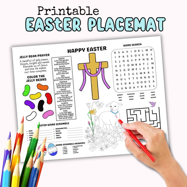 Christian Easter Placemat, Printable Easter Story Activity Coloring Page Sheet, Kid's Table Coloring Craft for Easter Jelly Bean Prayer