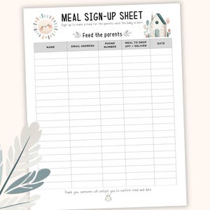 May include: A printable meal sign-up sheet featuring a charming sun and house illustration. The sheet includes columns for name, email address, phone number, meal drop off/deliver, and date.