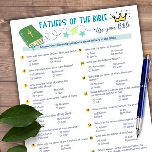 May include: A printable worksheet with a colourful Bible theme. The worksheet is a quiz about fathers in the Bible. The questions are multiple choice and include the text "Use your Bible".