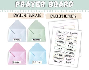 May include: A printable prayer board template with four envelope designs in blue, green, pink, and light blue. The envelopes are labeled with words like "family", "friends", "scripture", and "daily prayer". The second page of the printable includes a list of prayer topics, such as "answered prayers", "morning prayer", "family", "friends", "myself", "work", "church", "scripture", "strength", "daily prayer", "I will pray for", "help", "love", "devotions", "be still", "gratitude", "peace", and "hope".