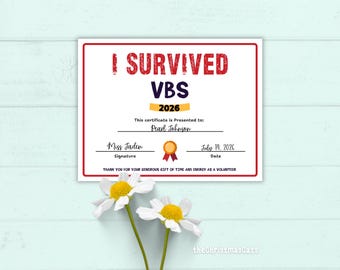 Ich überlebte VBS-Zertifikat, VBS-Dankeskarten für Volunteers, Urlaubsbibelschulpreis, VBS-Anerkennungsgeschenkkarte, VBS-Lehrergeschenk