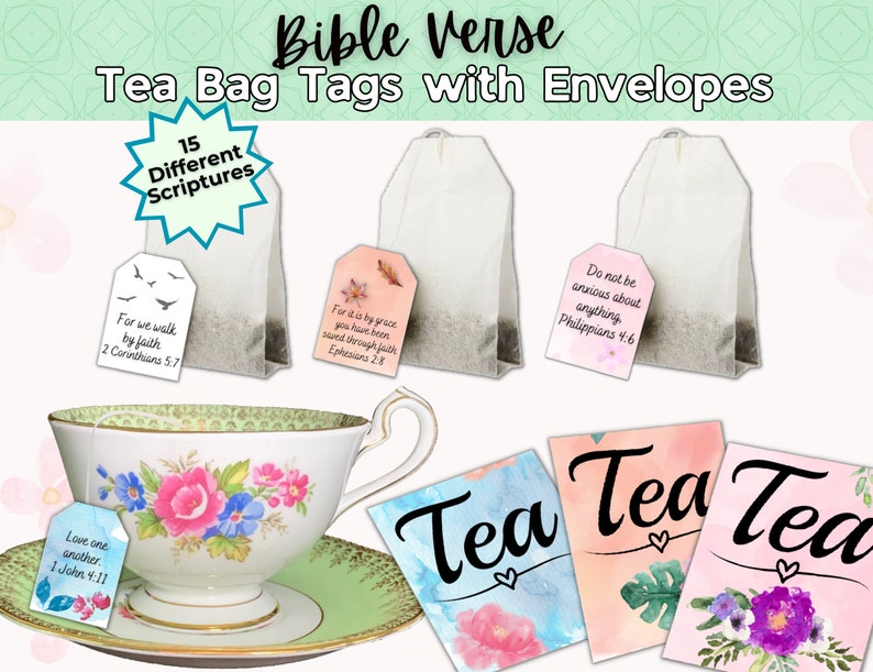 Scripture Tea Bag Tags and Envelopes, Bible Verse Tea Bag Tags, Tea Gifts for Mom, Christian Gifts for women, Church Gift, Tea Lover Gift image 1