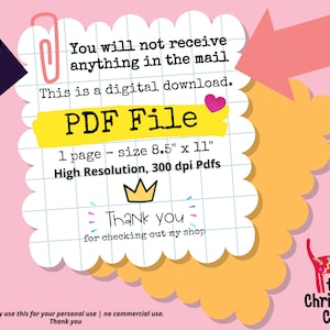 May include: A digital download for a PDF file of a Christmas cat design. The file is 8.5 inches by 11 inches and has a high resolution of 300 dpi. The text "You will not receive anything in the mail. This is a digital download. PDF File" is on a yellow background with a pink heart. The text "1 page - size 8.5" x 11" High Resolution, 300 dpi Pdfs" is on a white background with black lines. The text "Thank you for checking out my shop" is on a white background with pink, blue, and purple confetti. The text "Please only use this for your personal use | no commercial use. Thank you" is at the bottom of the image. The text "the Christmas Cats" is on a red background with a white outline.