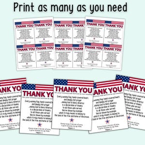 Pode incluir: Cart&otilde;es de agradecimento imprim&iacute;veis com um design de bandeira americana. Os cart&otilde;es apresentam o texto "Obrigado" e uma mensagem que expressa gratid&atilde;o pelo servi&ccedil;o ao pa&iacute;s. O texto inclui a frase "Cada bandeira que tremula coberta por uma m&atilde;o e ora&ccedil;&atilde;o sentida pedindo a Deus para aben&ccedil;oar a Am&eacute;rica &eacute; uma declara&ccedil;&atilde;o de agradecimento a todos aqueles que serviram. Voc&ecirc; mostrou com o exemplo o que realmente significa pertencer &agrave; terra dos livres e ao lar dos bravos."