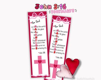 John 3:16 Bible Verse Bookmarks for Valentine's Day, Valentines Scripture Bookmarks, Christian Classroom Valentine Favors Printable Activity