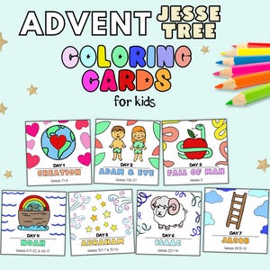 Advent Coloring Cards for Kids, Jesse Tree Printable Advent Cards, Kids Advent Calendar Coloring Pages, Jesse Tree Advent Flashcards