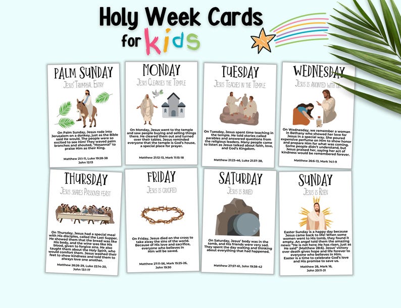 Pu&ograve; includere: Carte illustrate colorate per bambini che spiegano gli eventi della Settimana Santa. Ogni carta presenta un giorno diverso della settimana, un titolo, un versetto biblico e una breve descrizione dell'evento. Le carte sono progettate per aiutare i bambini a comprendere il significato della Settimana Santa.