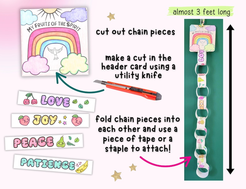 Puede incluir: Un proyecto de manualidades con instrucciones para crear una cadena de papel. La tarjeta de encabezado dice "My Fruits of the Spirit" sobre una ilustraci&oacute;n de arco&iacute;ris. La cadena mide casi 91 cm de largo. Los eslabones individuales muestran palabras como "Amor" y "Alegr&iacute;a".