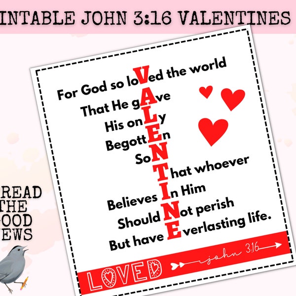 John 3:16 Valentine's Day Bible Verse Cards, Printable Scripture Cards, Christian Tracts to pass out, Christian Valentines