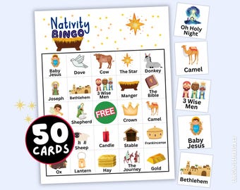 May include: A colorful Nativity Bingo game with 50 cards. The game board features illustrations of Baby Jesus, a dove, a cow, and other Nativity-themed images. Includes a set of calling cards with matching images. The text "Nativity Bingo" is at the top.