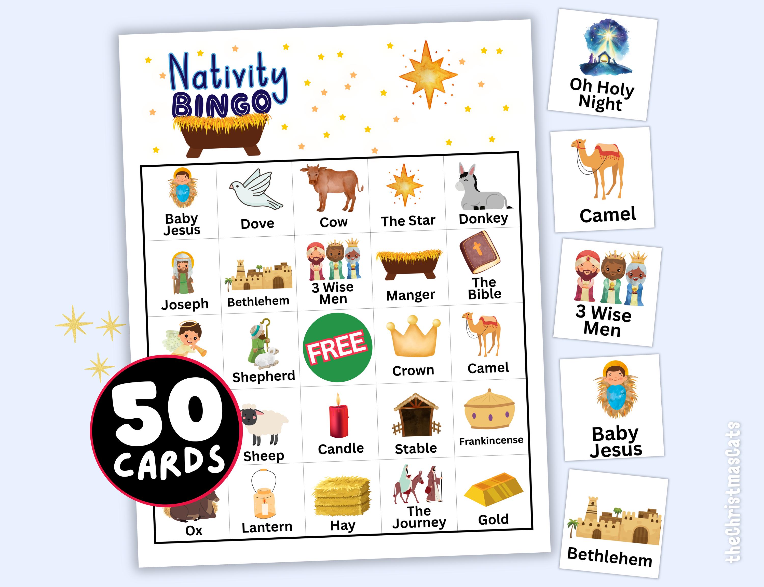 nativity bingo game for kids & adults, printable christmas bingo