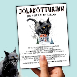 Chat de Noël islandais qui mange les gens qui ne reçoivent pas de nouveaux vêtements, carte de chat de Noël, chat de Noël, chat de Noël islandais de Jolakotturinn
