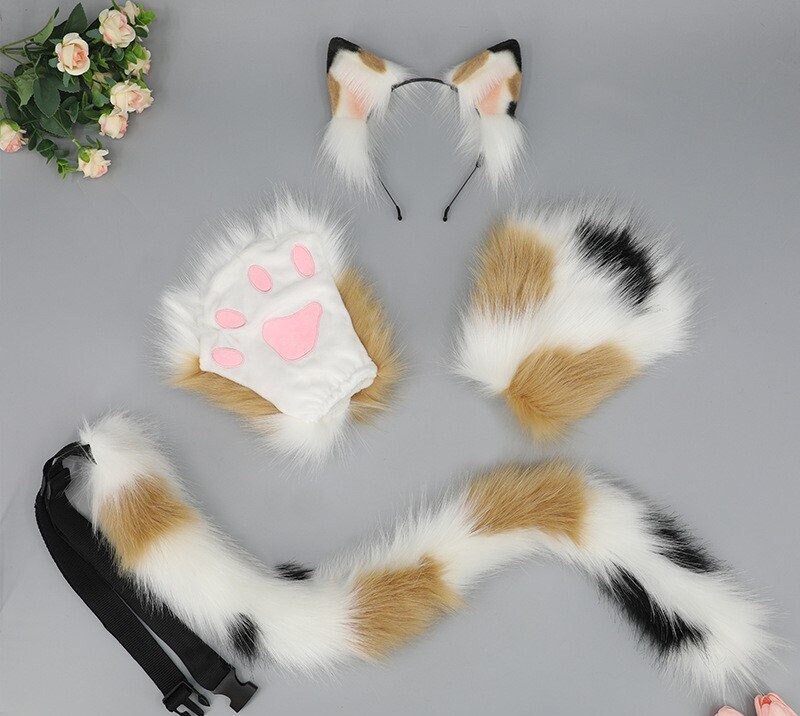 Faux Fur Cat Ears Tail and Paw Gloves Animal Ears and Tail Etsy