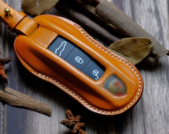 Personalized Leather Protector Case for Keyless Remote Entry Key Fob Cover Key Holder Key Chain Porsche 718 911 Cayenne Macan Taycan ...