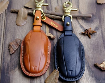 Leather Car Key Compatible with Tesla Model 3 Model S Model Y Model X, Tesla Key Fob Cover, Tesla Keychain Cover, Tesla Smart Key Case