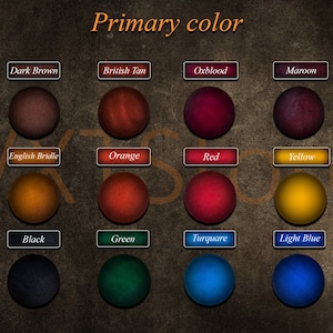 May include: A chart displaying 12 primary colours, each represented by a circle. The colours are: Dark Brown, British Tan, Oxblood, Maroon, English Bridle, Orange, Red, Yellow, Black, Green, Turquoise, and Light Blue.