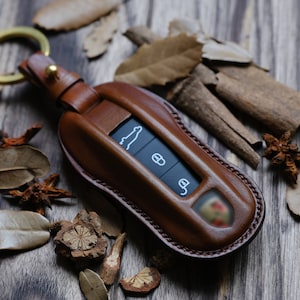 Personalized Leather Key Cover Case For Keyless Remotes Entry Key Fob Porsche 911 718 Cayenne Macan Taycan Panamera ... Gift For Him