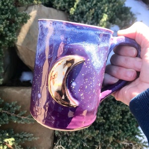 Made To Order - Gold Crescent Moon Mug, Witchy Mug, Whimsical Coffee Mug, Half Moon Mug, Crescent Moon Pottery, Celestial Moon Mug