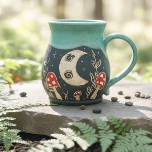 Crescent Moon Mug, Hand Carved Ceramic Mug with Whimsical Design