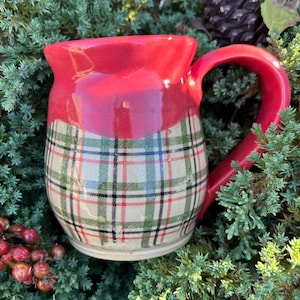 Christmas Plaid Mug, 13 Oz White Stoneware Coffee Cup with Red Glaze