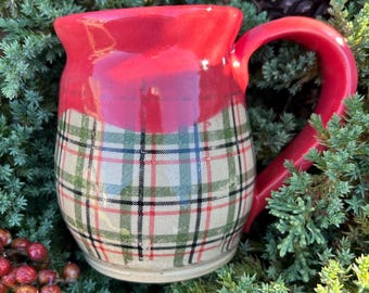 Christmas Plaid Mug, 13 Oz White Stoneware Coffee Cup with Red Glaze