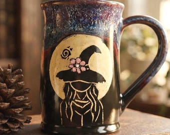 Ceramic Witch Mug, White Stoneware Sgraffito Coffee Cup with Carved Design