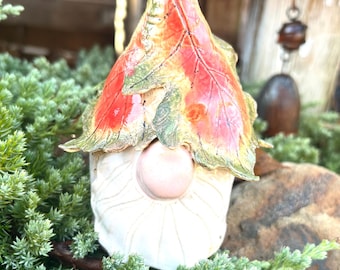 Whimsical Ceramic Autumn Leaf Garden Gnome Figurine | Cottagecore Outdoor Decor | Handcrafted Pottery Art