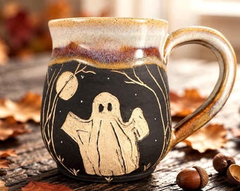 Ceramic Ghost Mug, White Stoneware With Hand-Carved Moonlit Scenes, 12–14 oz