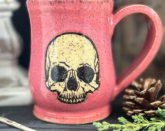 Skull Ceramic Mug, Pink Glazed Speckled Stoneware, 12 oz Gothic Halloween Mug