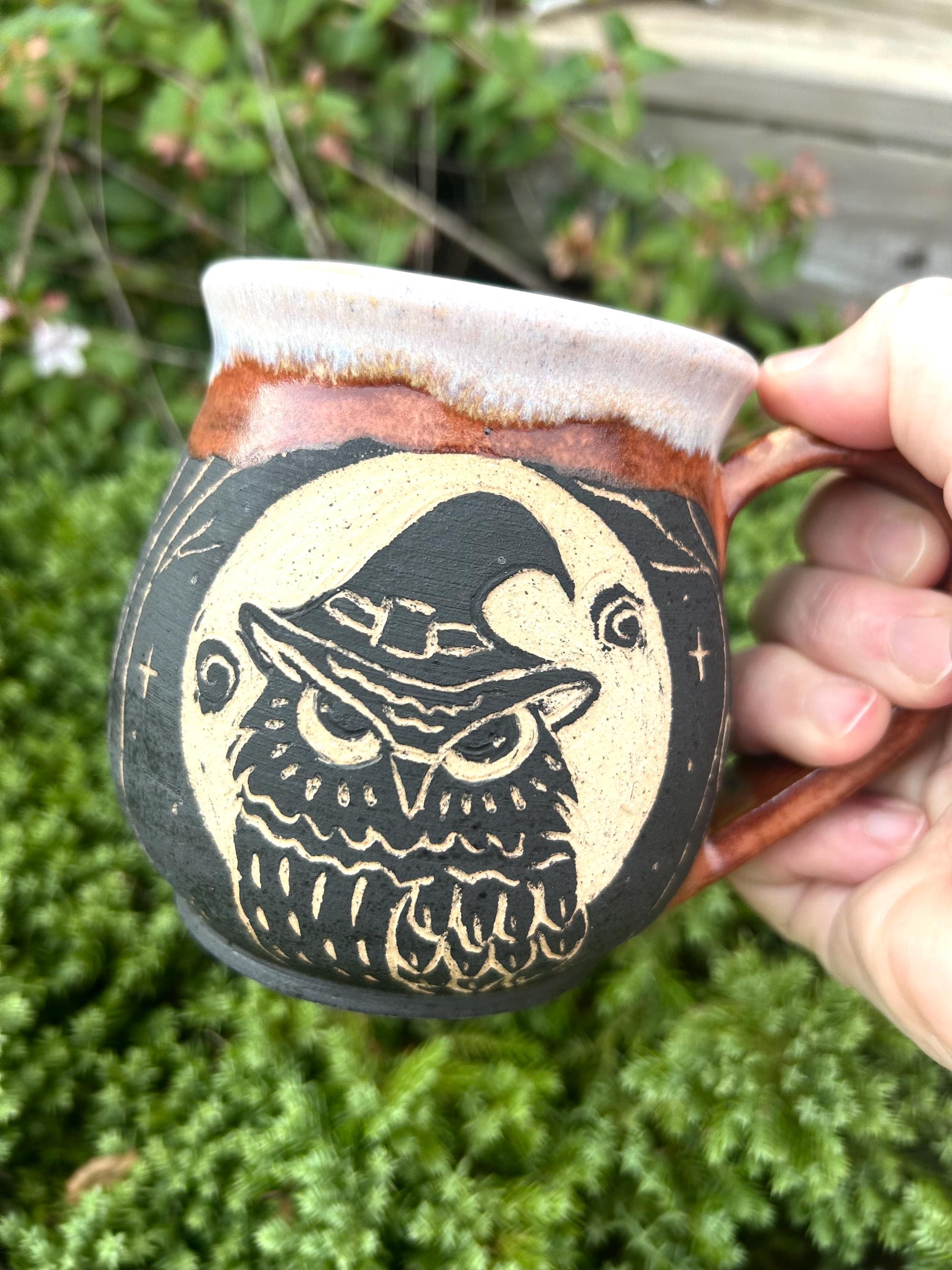 Hand Carved Owl Mug: Sgraffito Pottery, Autumn Colors, Halloween Coffee Mug
