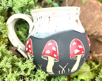 Hand Carved Mushroom Mug, Red Cottagecore Pottery, Whimsical Fairytale Coffee Cup