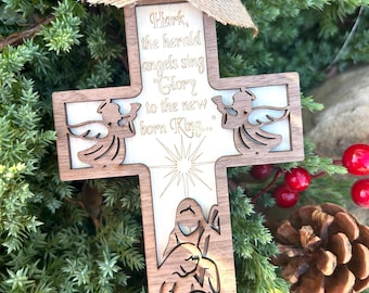 Nativity Scene Cross Ornament with Angels  | Jesus Christmas Decor, Laser Cut Wooden  Keepsake
