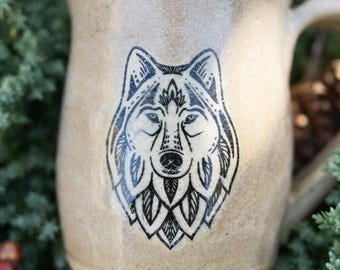 Wolf Coffee Mug, Hand-Painted White Stoneware with Wildlife Design