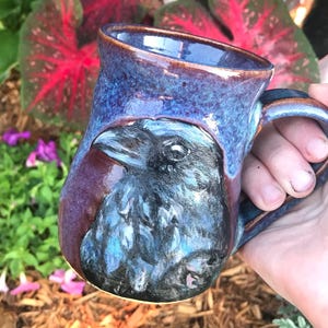 Handmade Raven Mug, Purple Midnight Glaze With Hand-Painted Blackbird Pottery