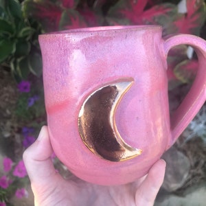 Handmade Ceramic Crescent Moon Mug: Rose Pink & Gold Luster