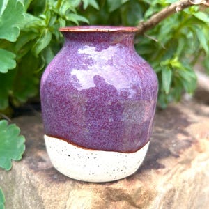 May include: A small ceramic vase with a rounded body and a short neck. The upper portion features a glossy, deep purple glaze with subtle texture, while the lower section is finished in a matte, speckled off-white glaze with dark flecks.
