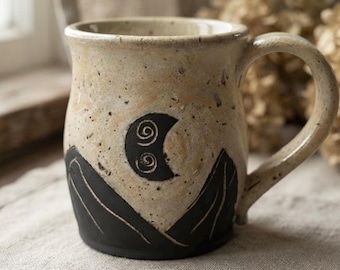 Handmade Pottery Mug, White Stoneware With Carved Moon and Mountain Design