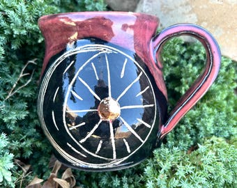 Handmade Sun & Moon Mug – Sgraffito Carved Pottery, 22k Gold Luster