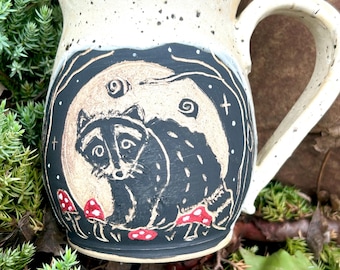 Hand Carved Racoon Mug, Sgraffito Pottery, Whimsical Coffee Mug, Cottagecore, Autumn Colors, Fairytale Inspired
